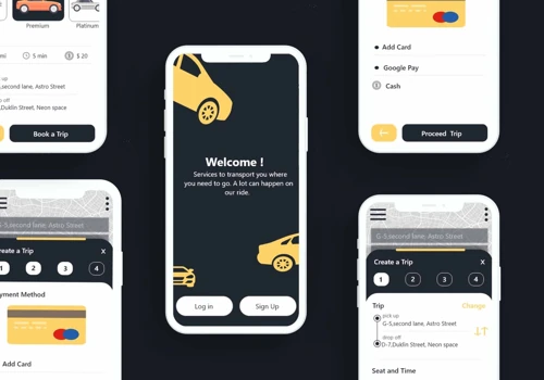 Taxi mobile app dark theme design