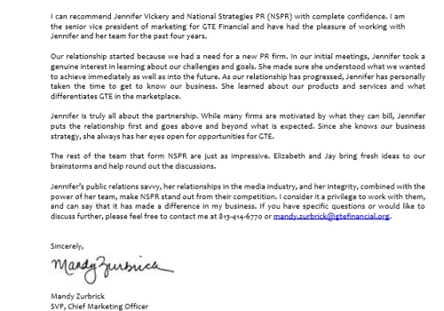 GTE Financial Recommends National Strategies Public Relations