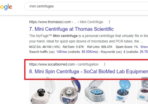 SEO Ranking Portfolio of Lab Equipment Website