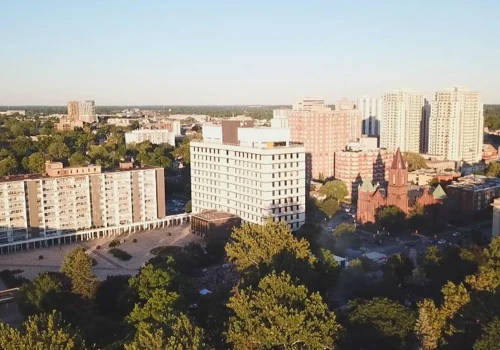 Drone still from flying above downtown London Ontario