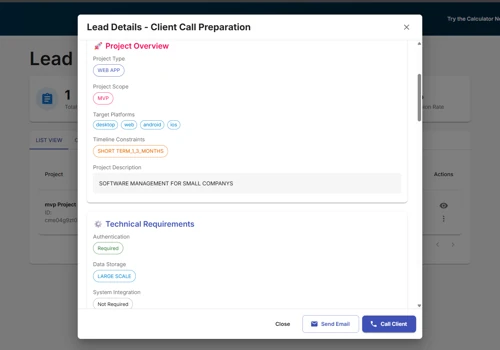 Internal Lead generator - Project cost calculator