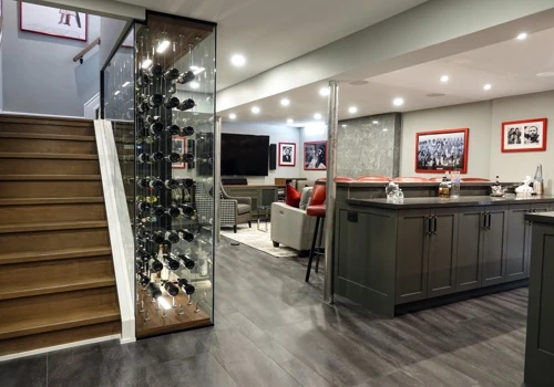 Basement Renovation with custom wine rack and bar