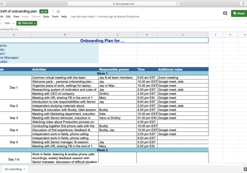 Onboarding plan