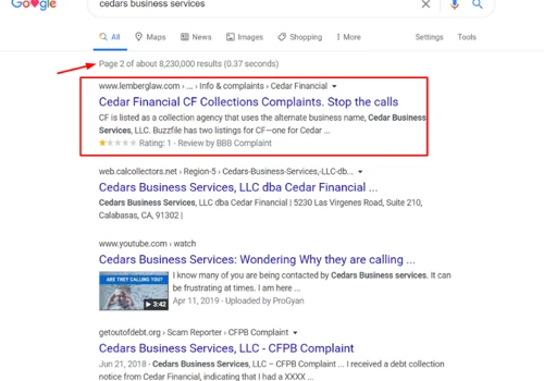 Cedar Financial + ViralChilly:  Pushed Down Negative URL from First Page to Second Page of Google