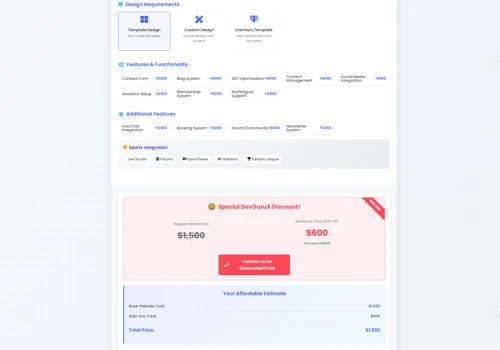 Devgurux website cost calculator