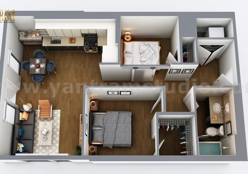 Two Bedroom Residential House  3D Virtual Floor Plan Design by Architectural Rendering Companies, Vegas - USA