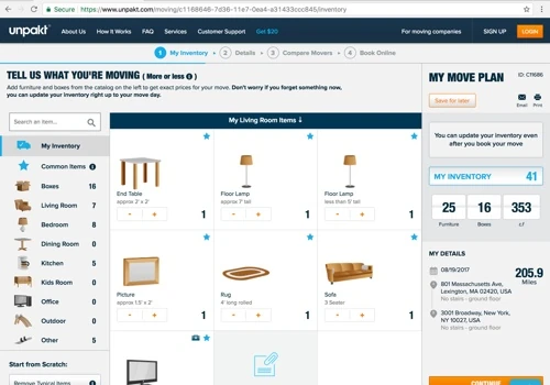 Moving planner for Unpakt