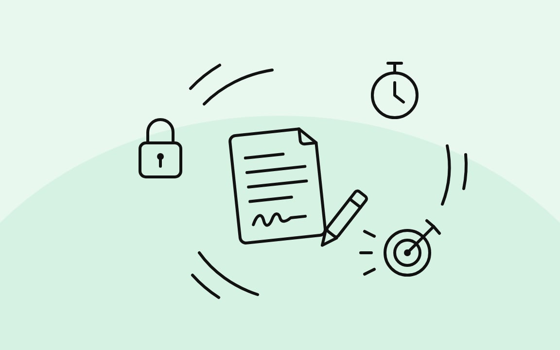 A signed contract surrounded by a padlock, a stopwatch and a target, for fixed price, time and material and outcome-based contracts