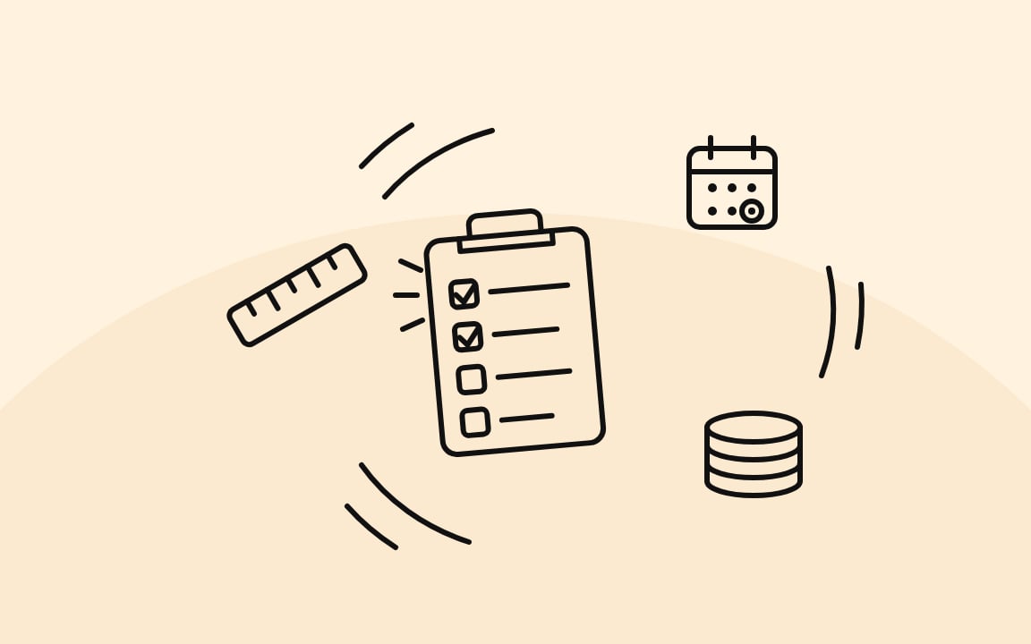 A clipboard checklist with a ruler, a calendar and a coin stack, for a software development RFP template